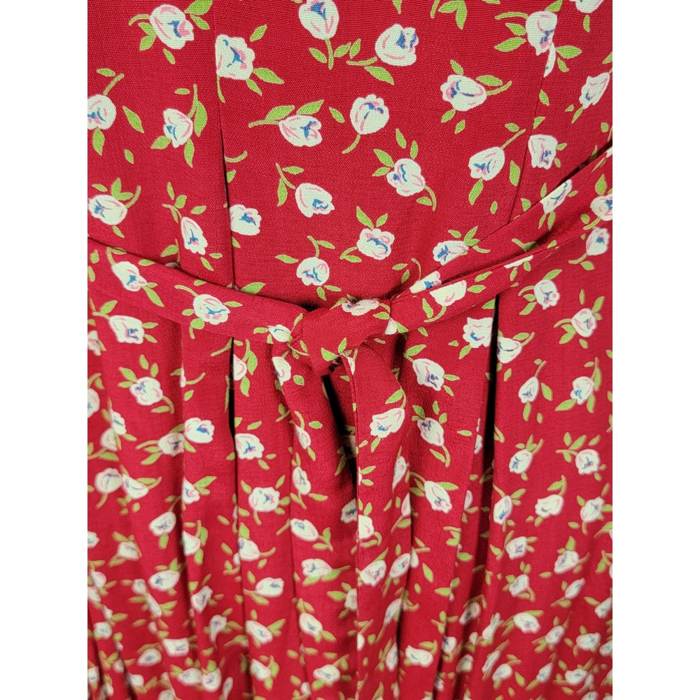 Vintage Sara Campbell Red Floral Midi Dress Petite 8P Button Front Rayon - Picture 13 of 14